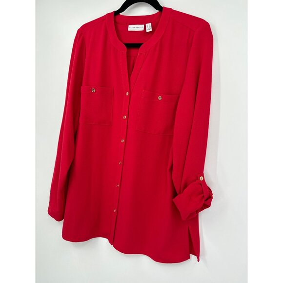 Susan Graver Split V-Neck Long Roll Tab Sleeve Button Blouse Top Red Size 12 - Picture 5 of 7